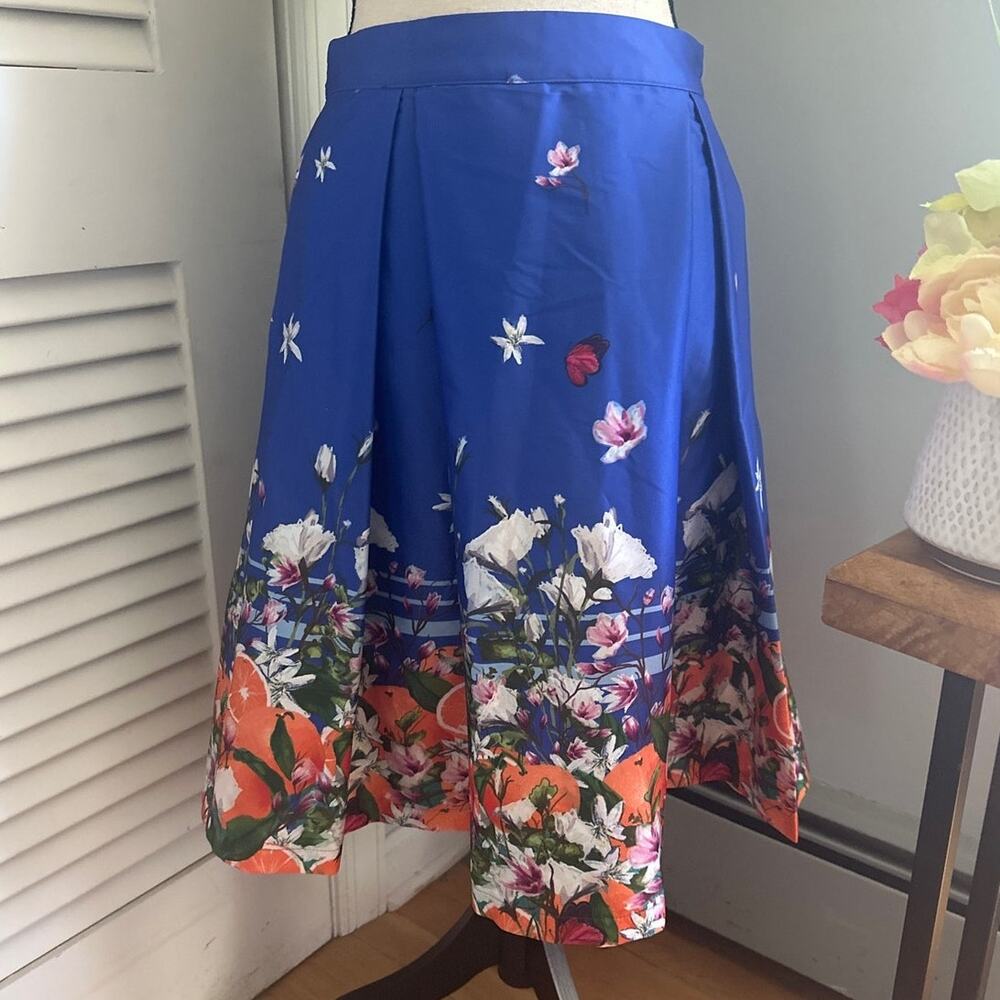 Lindy Bop Royal Blue Floral A-Line Skirt with Orange Border